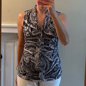 White House Black Market Black and White Paisley Tank with Neck Tie S